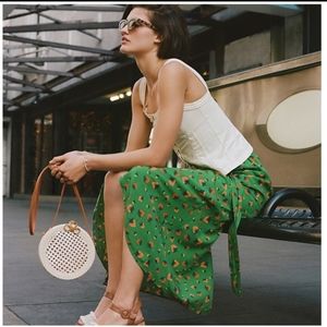 Anthropologie Strawberry Green Print Colloquial Wrap Midi Skirt Size XS